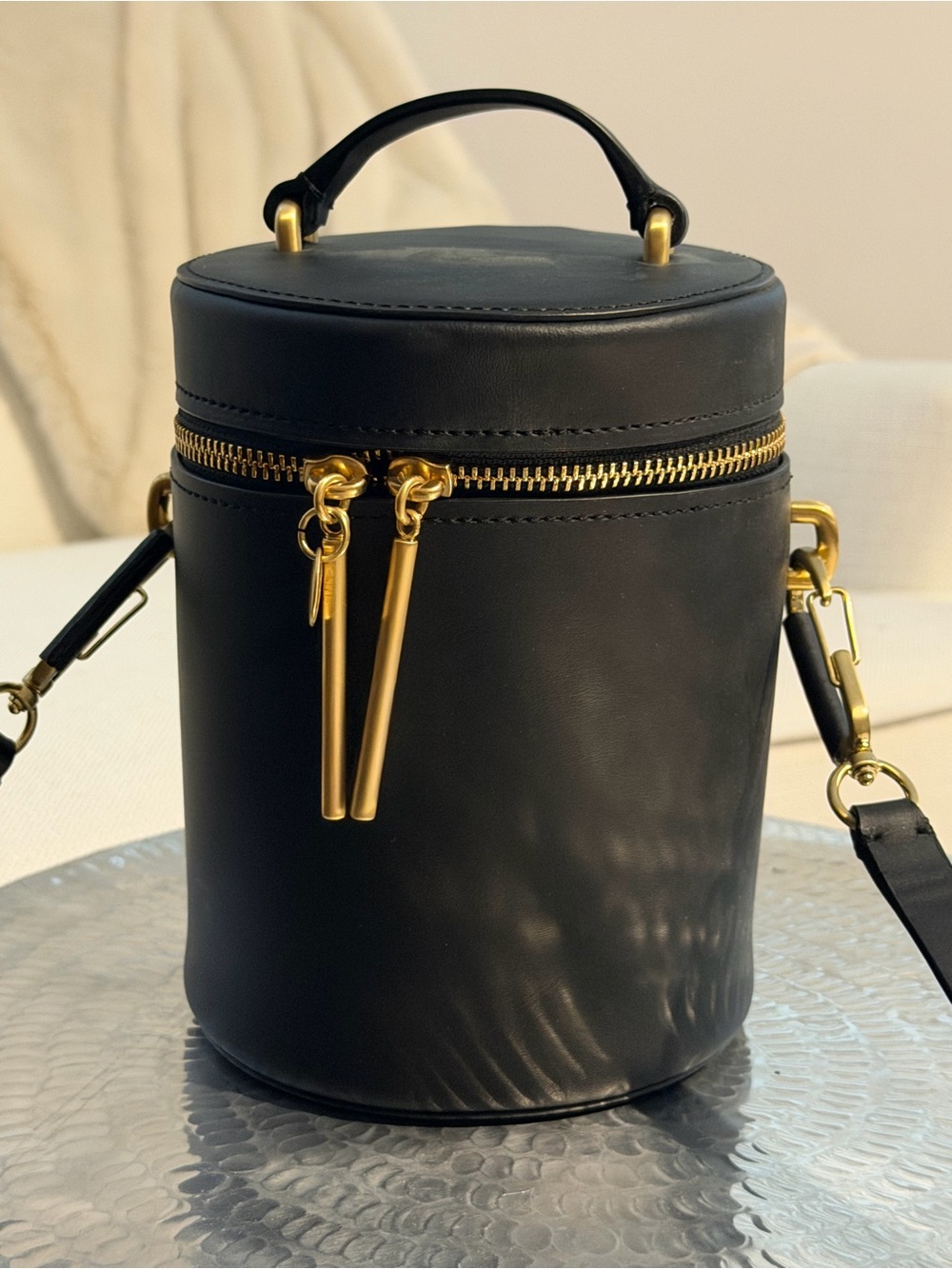 ZAC Zac Posen Black Leather Cylinder Crossbody with Gold Hardware